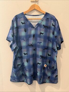 Carhartt Blue & Teal Plaid Dog-Silhouette Scrub Top Size 2XL Vet Dog Scrubs